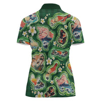 Hawaiian and Japanese Culture Together Women Polo Shirt Hawaiian Island Shapes with Japanese Landscape Green Color