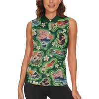 Hawaiian and Japanese Culture Together Women Sleeveless Polo Shirt Hawaiian Island Shapes with Japanese Landscape Green Color