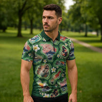 Hawaiian and Japanese Culture Together Zipper Polo Shirt Hawaiian Island Shapes with Japanese Landscape Green Color