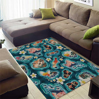Hawaiian and Japanese Culture Together Area Rug Hawaiian Island Shapes with Japanese Landscape Teal Color