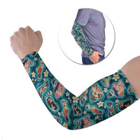 Hawaiian and Japanese Culture Together Arm Sleeves Hawaiian Island Shapes with Japanese Landscape Teal Color