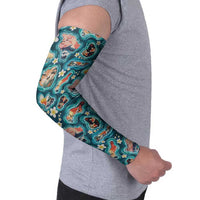 Hawaiian and Japanese Culture Together Arm Sleeves Hawaiian Island Shapes with Japanese Landscape Teal Color