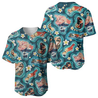 Hawaiian and Japanese Culture Together Baseball Jersey Hawaiian Island Shapes with Japanese Landscape Teal Color