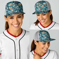 Hawaiian and Japanese Culture Together Baseball Net Cap Hawaiian Island Shapes with Japanese Landscape Teal Color