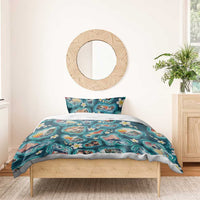 Hawaiian and Japanese Culture Together Bedding Set Hawaiian Island Shapes with Japanese Landscape Teal Color