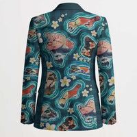 Hawaiian and Japanese Culture Together Blazer Hawaiian Island Shapes with Japanese Landscape Teal Color
