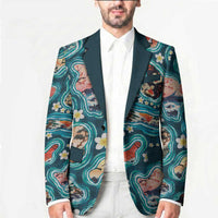 Hawaiian and Japanese Culture Together Blazer Hawaiian Island Shapes with Japanese Landscape Teal Color