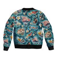 Hawaiian and Japanese Culture Together Bomber Jacket Hawaiian Island Shapes with Japanese Landscape Teal Color