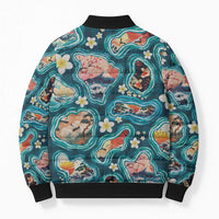 Hawaiian and Japanese Culture Together Bomber Puffer Jacket Hawaiian Island Shapes with Japanese Landscape Teal Color