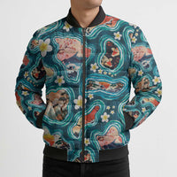 Hawaiian and Japanese Culture Together Bomber Puffer Jacket Hawaiian Island Shapes with Japanese Landscape Teal Color