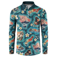 Hawaiian and Japanese Culture Together Button Sweatshirt Hawaiian Island Shapes with Japanese Landscape Teal Color