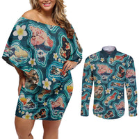 Hawaiian and Japanese Culture Together Couples Matching Off Shoulder Short Dress and Long Sleeve Button Shirt Hawaiian Island Shapes with Japanese Landscape Teal Color