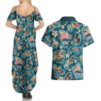 Hawaiian and Japanese Culture Together Couples Matching Summer Maxi Dress and Hawaiian Shirt Hawaiian Island Shapes with Japanese Landscape Teal Color