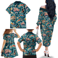 Hawaiian and Japanese Culture Together Family Matching Off The Shoulder Long Sleeve Dress and Hawaiian Shirt Hawaiian Island Shapes with Japanese Landscape Teal Color