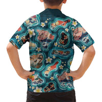 Hawaiian and Japanese Culture Together Family Matching Off Shoulder Maxi Dress and Hawaiian Shirt Hawaiian Island Shapes with Japanese Landscape Teal Color