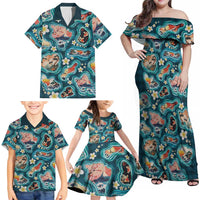 Hawaiian and Japanese Culture Together Family Matching Off Shoulder Maxi Dress and Hawaiian Shirt Hawaiian Island Shapes with Japanese Landscape Teal Color