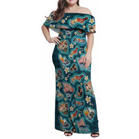 Hawaiian and Japanese Culture Together Family Matching Off Shoulder Maxi Dress and Hawaiian Shirt Hawaiian Island Shapes with Japanese Landscape Teal Color