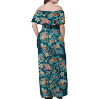 Hawaiian and Japanese Culture Together Family Matching Off Shoulder Maxi Dress and Hawaiian Shirt Hawaiian Island Shapes with Japanese Landscape Teal Color