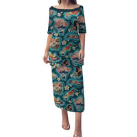 Hawaiian and Japanese Culture Together Family Matching Puletasi and Hawaiian Shirt Hawaiian Island Shapes with Japanese Landscape Teal Color