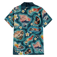 Hawaiian and Japanese Culture Together Family Matching Summer Maxi Dress and Hawaiian Shirt Hawaiian Island Shapes with Japanese Landscape Teal Color
