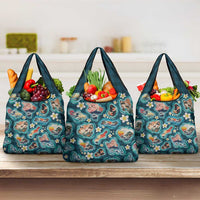 Hawaiian and Japanese Culture Together Grocery Bag Hawaiian Island Shapes with Japanese Landscape Teal Color