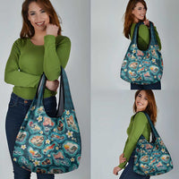 Hawaiian and Japanese Culture Together Grocery Bag Hawaiian Island Shapes with Japanese Landscape Teal Color