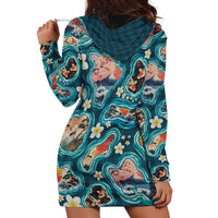 Hawaiian and Japanese Culture Together Hoodie Dress Hawaiian Island Shapes with Japanese Landscape Teal Color