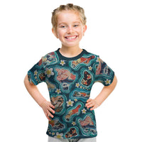 Hawaiian and Japanese Culture Together Kid T Shirt Hawaiian Island Shapes with Japanese Landscape Teal Color