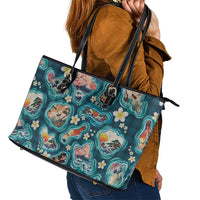 Hawaiian and Japanese Culture Together Leather Tote Bag Hawaiian Island Shapes with Japanese Landscape Teal Color