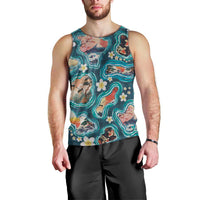Hawaiian and Japanese Culture Together Men Tank Top Hawaiian Island Shapes with Japanese Landscape Teal Color