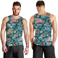 Hawaiian and Japanese Culture Together Men Tank Top Hawaiian Island Shapes with Japanese Landscape Teal Color