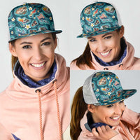 Hawaiian and Japanese Culture Together Mesh Trucker Cap Hawaiian Island Shapes with Japanese Landscape Teal Color