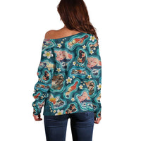 Hawaiian and Japanese Culture Together Off Shoulder Sweater Hawaiian Island Shapes with Japanese Landscape Teal Color