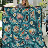 Hawaiian and Japanese Culture Together Quilt Hawaiian Island Shapes with Japanese Landscape Teal Color