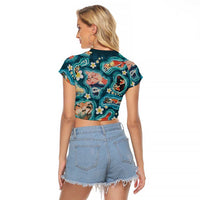 Hawaiian and Japanese Culture Together Raglan Cropped T Shirt Hawaiian Island Shapes with Japanese Landscape Teal Color