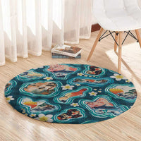 Hawaiian and Japanese Culture Together Round Carpet Hawaiian Island Shapes with Japanese Landscape Teal Color