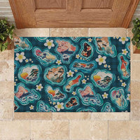 Hawaiian and Japanese Culture Together Rubber Doormat Hawaiian Island Shapes with Japanese Landscape Teal Color