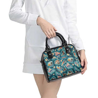 Hawaiian and Japanese Culture Together Shoulder Handbag Hawaiian Island Shapes with Japanese Landscape Teal Color