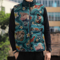 Hawaiian and Japanese Culture Together Sleeveless Puffer Jacket Hawaiian Island Shapes with Japanese Landscape Teal Color