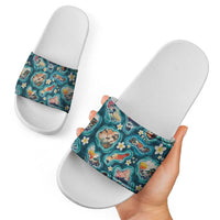 Hawaiian and Japanese Culture Together Slide Sandals Hawaiian Island Shapes with Japanese Landscape Teal Color