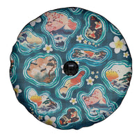 Hawaiian and Japanese Culture Together Spare Tire Cover Hawaiian Island Shapes with Japanese Landscape Teal Color
