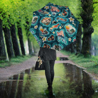 Hawaiian and Japanese Culture Together Umbrella Hawaiian Island Shapes with Japanese Landscape Teal Color