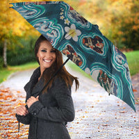 Hawaiian and Japanese Culture Together Umbrella Hawaiian Island Shapes with Japanese Landscape Teal Color