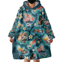 Hawaiian and Japanese Culture Together Wearable Blanket Hoodie Hawaiian Island Shapes with Japanese Landscape Teal Color