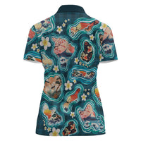 Hawaiian and Japanese Culture Together Women Polo Shirt Hawaiian Island Shapes with Japanese Landscape Teal Color
