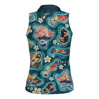 Hawaiian and Japanese Culture Together Women Sleeveless Polo Shirt Hawaiian Island Shapes with Japanese Landscape Teal Color