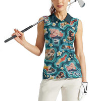 Hawaiian and Japanese Culture Together Women Sleeveless Polo Shirt Hawaiian Island Shapes with Japanese Landscape Teal Color