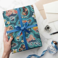 Hawaiian and Japanese Culture Together Wrapping Paper Hawaiian Island Shapes with Japanese Landscape Teal Color