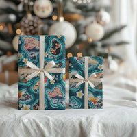 Hawaiian and Japanese Culture Together Wrapping Paper Hawaiian Island Shapes with Japanese Landscape Teal Color