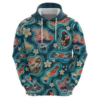 Hawaiian and Japanese Culture Together Zip Hoodie Hawaiian Island Shapes with Japanese Landscape Teal Color
